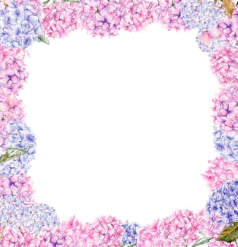 Autumn square frame with blue and pink hydrangea. llustration of autumn for scrapbooking, invitation,greetings cards, party decoration,wedding stationary, greetings, fashion,posters, background.