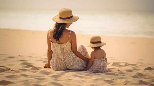 The family is sitting on the seaside, rear view. Mother and children in sun hats relaxing sitting on the beach. Ai generative.