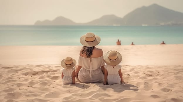 The family is sitting on the seaside, rear view. Mother and children in sun hats relaxing sitting on the beach. Ai generative.