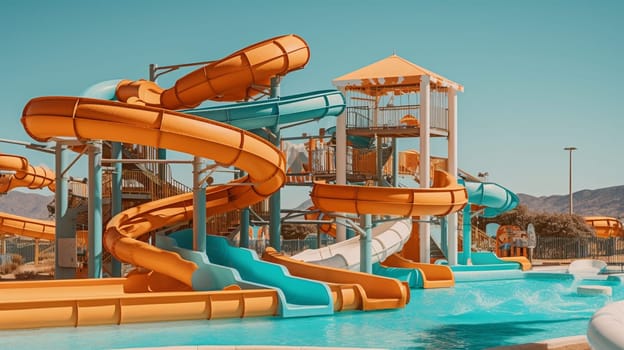 Water park, bright multi-colored slides with a pool. A water park without people on a summer day. Ai Generative.