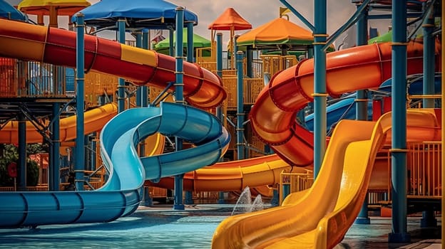 Water park, bright multi-colored slides with a pool. A water park without people on a summer day. Ai Generative.