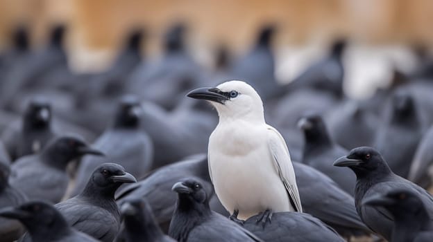 White crow among black crows. Ai Generative.