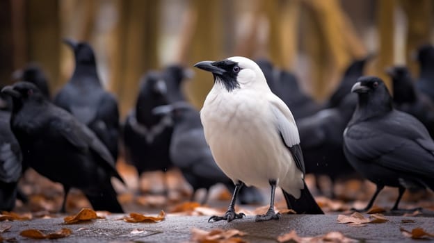 White crow among black crows. Ai Generative.