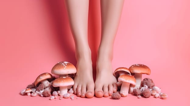 image with female bare legs, feet with mushrooms between fingers. health care. foot fungus. AI generative.