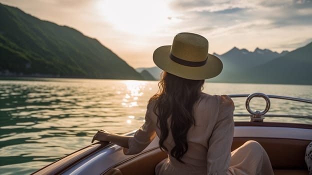 young woman in a summer suit and hat standing on edge of yacht, looking to beautiful nature landscape during trip. Happy woman enjoying summer travel. Back view. Ai Generative.