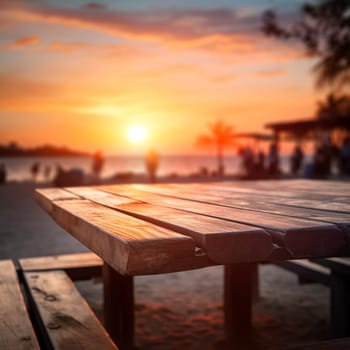 wooden empty table for mock up against blurred background with bokeh Empty wooden table top product display showcase stage. Tropical summer sunset beach bar Ai generative.