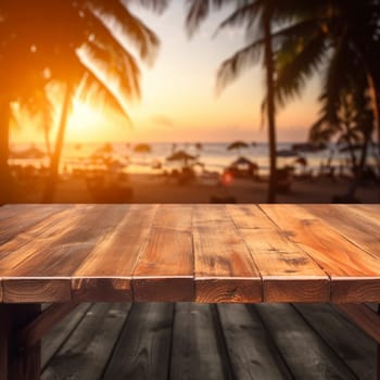 wooden empty table for mock up against blurred background with bokeh Empty wooden table top product display showcase stage. Tropical summer sunset beach bar Ai generative.