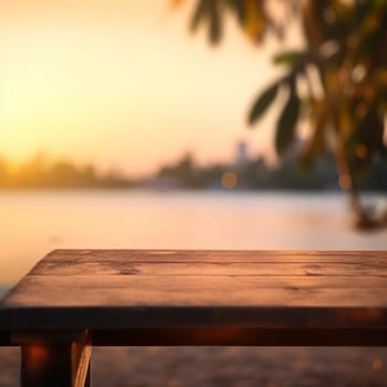 wooden empty table for mock up against blurred background with bokeh Empty wooden table top product display showcase stage. Tropical summer sunset beach bar Ai generative.