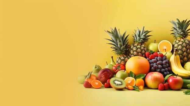 Organic food background. Food photography different fruits and vegetables. Copy space. Ai Generative.