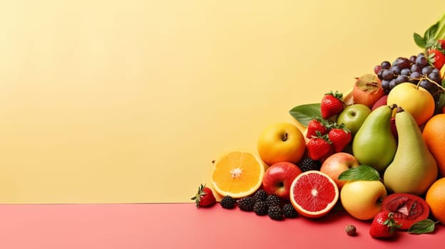 Organic food background. Food photography different fruits and vegetables. Copy space. Ai Generative.