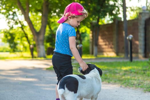 A child plays with a small dog in the park. Selective focus. Nature.