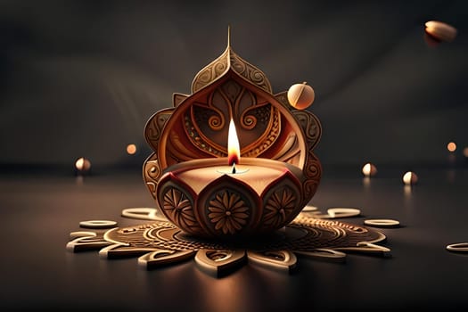 3D rendering indian lamp for diwali celebration on soft background ethereal. Colorful particle effects in the background. Gold filigree on a indian lamp. AI-generated Digital Art