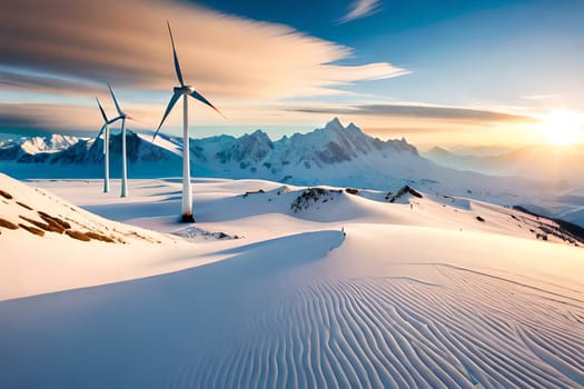 Panoramic view of wind farm or wind park, with high wind turbines for generation electricity with copy space. Green energy concept. Generative AI