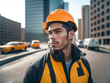 Portrait of construction worker with safety helmet on head in vest standing at construction site and looking away from camera. Generative Ai