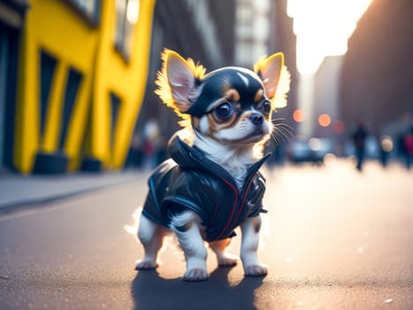 Cute dog chihuahua breed wearing leather jacket and sunglasses city on background. Dog vacation relax concept. Generative Ai