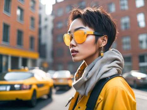 Charming asian woman in sunglasses wearing stylish yellow leather jacket looking at the camera standing on a blurred city background. Hipster girl. Generative Ai