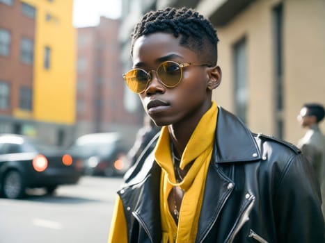 Charming black man in sunglasses wearing stylish leather jacket with yellow scarf looking at the camera standing on a blurred city background. Hipster boy. Generative Ai