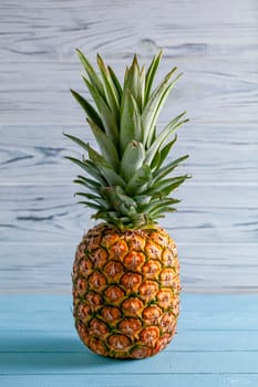 Vertical photo of one whole brightly yellow pineapple, a tropical fruit, with dense green leaves