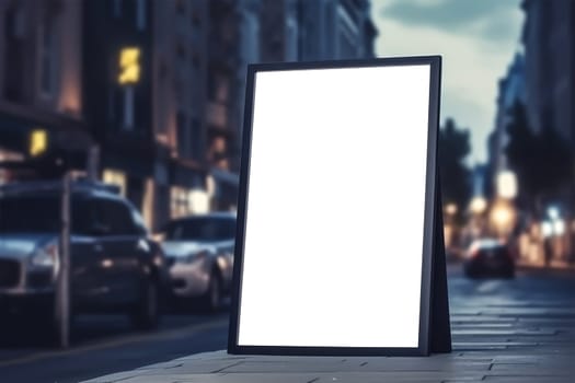 White paper poster mockup displayed outside the building restaurant. Marketing restaurant menu and business concept