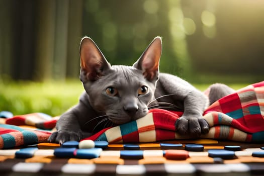 Cute gray sphinks cat sleeps on fur white blanket. kitten sleeping on gray plaid wool blanket with tassels, embracing soft beige knitted toy