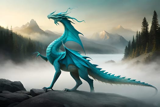 A painting of a friendly dinosaur with a mountain in the background. Fantasy friendly dragon portrait. Surreal artwork of dragon from medieval mythology.