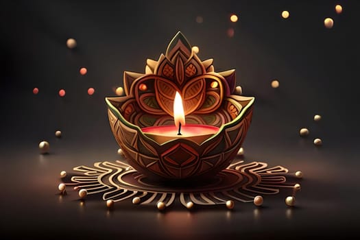 3D rendering indian lamp for diwali celebration on soft background ethereal. Colorful particle effects in the background. Gold filigree on a indian lamp. AI-generated Digital Art