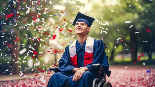 Happy caucasian male graduating student on wheelchair celebrating Graduation. Disabled handicapped man. School graduation. Generative ai