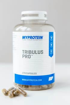 Kyiv, Ukraine - 27 January 2022: Jar with capsules Tribulus Pro from My Protein. Herbal capsule from the Tribulus Terrestris plant it is a nutritional supplement and medicine for men - vitamin pill
