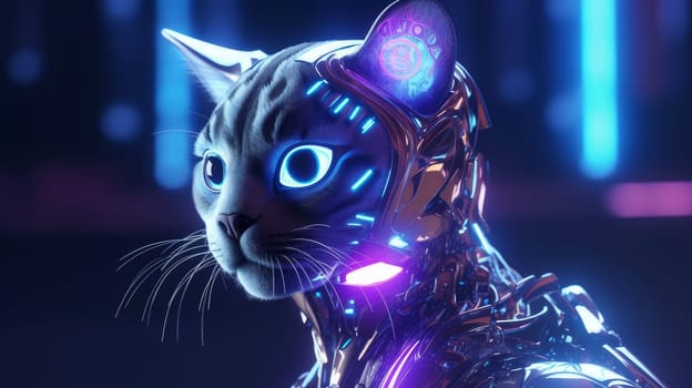 Humanoid cyber cat in virtual digital technology in neon light, futuristic robot, 3D rendering.