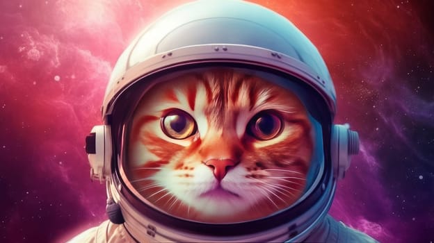 A ginger cat in an astronaut's helmet on the background of the universe with planets in neon style. Generative AI