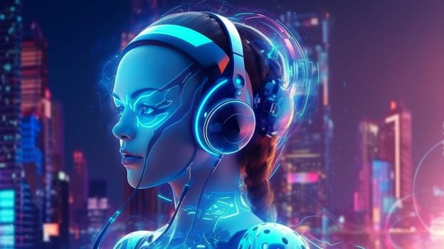 Humanoid cyber girl in virtual digital technologies in neon light, futuristic robot in 3d render. The concept of coexistence of people and robots