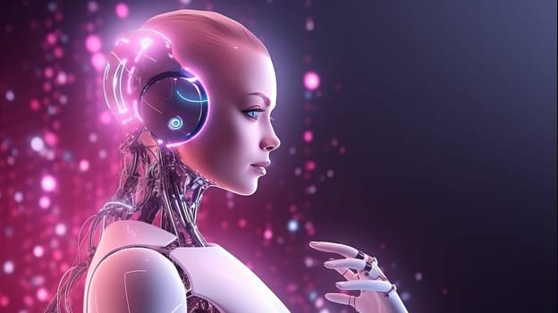 Humanoid cyber girl in virtual digital technologies in neon light, futuristic robot in 3d render. The concept of coexistence of people and robots