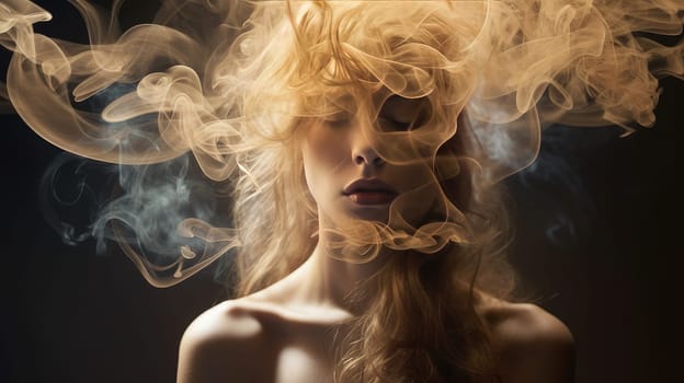 Portrait of a young girl around a lot of smoke. The concept of environmental pollution. AI generated