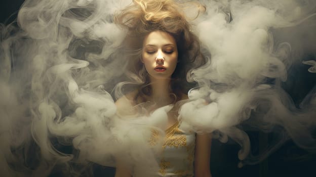 Portrait of a young girl around a lot of smoke. The concept of environmental pollution. AI generated