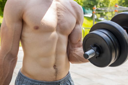 Close-up athletic topless muscular man doing arms weight lifting dumbbells exercises, pumping up arm bicep muscles. Guy on playground. Sports fitness routine, bodybuilding workout. Strength motivation