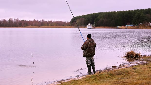 fishing rod lake fisherman man sport autumn bait sunset water outdoor sunrise fish.