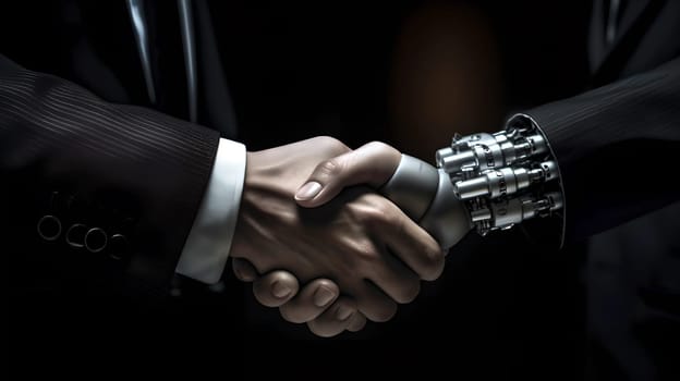 The hand of a man in a suit shakes the hand of a robot on a dark background