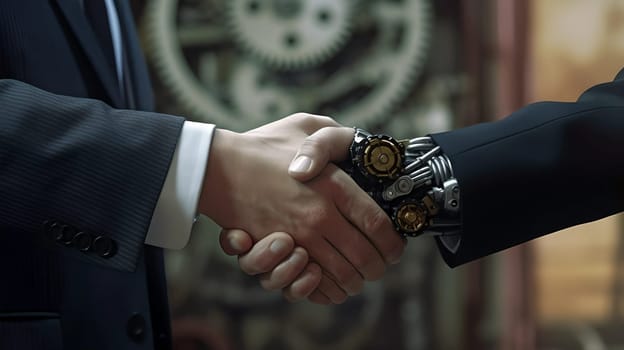 The hand of a man in a suit shakes the hand of a robot on a dark background