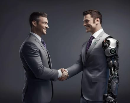 A metal robot shakes hands with a man in a suit. A large dark room in the background