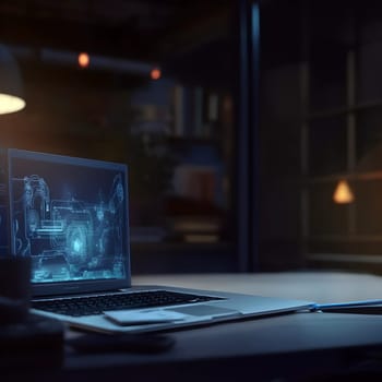 An open working laptop stands on a table in a dark room