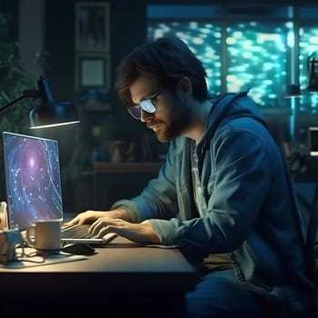 A programmer works at a laptop. Dark room in the background. The concept of technology