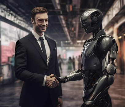 A metal robot shakes hands with a man in a suit. A large dark room in the background