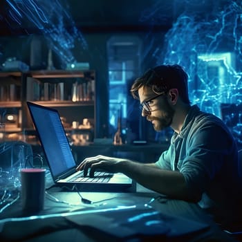 A programmer works at a laptop. Dark room in the background. The concept of technology