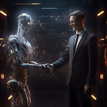 A metal robot shakes hands with a man in a suit. A large dark room in the background