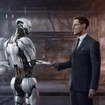 A metal robot shakes hands with a man in a suit. A large dark room in the background