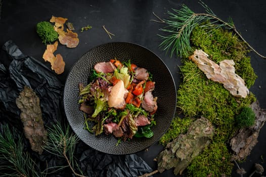 Salad with marble beef and ice cream on the dark background