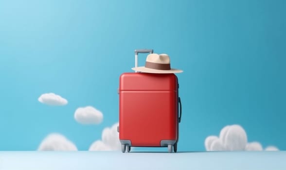 journey suitcase concept hat airplane departure baggage recreation transportation air copy background vacation symbol voyage blue luggage holding travel trip holiday. Generative AI.