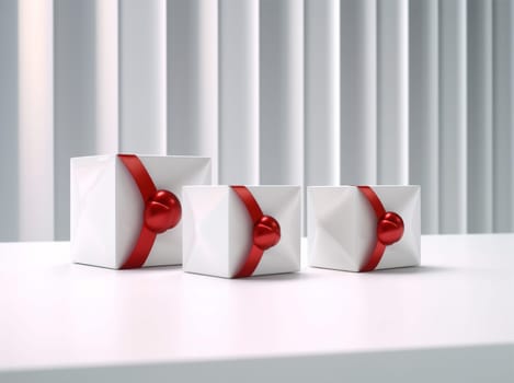 white paper happy christmas present isolated package holiday greeting red wedding silk ribbon box party birthday colours valentine gift surprise. Generative AI.