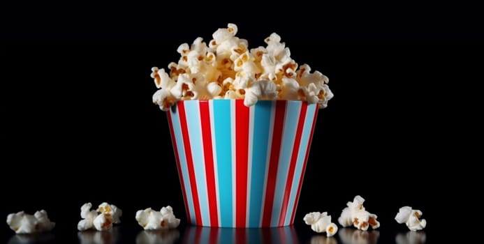 delicious film isolated picture cinema sweet blue full background paper popcorn entertainment classic food box motion art corn white snack treat shot. Generative AI.