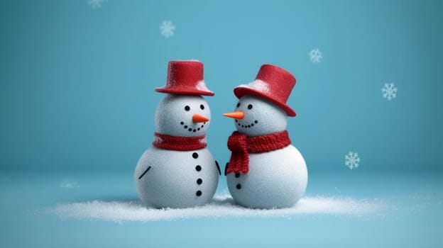 space copy background celebration snow snowfall winter new sky fir white funny hat snowman happy hill season flake holiday bokeh christmas year poster. Generative AI.